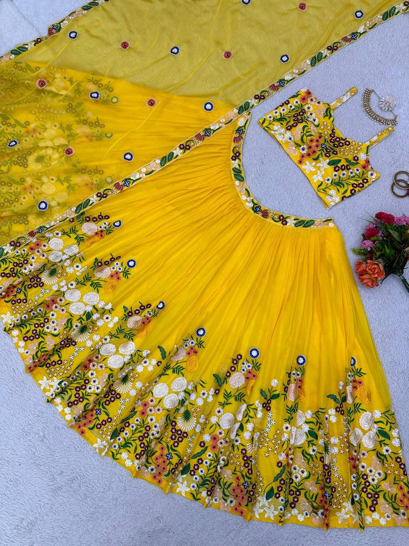 Yellow Color Silk Embroidered Work Wedding Lehenga Choli Set