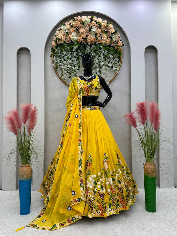 Yellow Color Silk Embroidered Work Wedding Lehenga Choli Set
