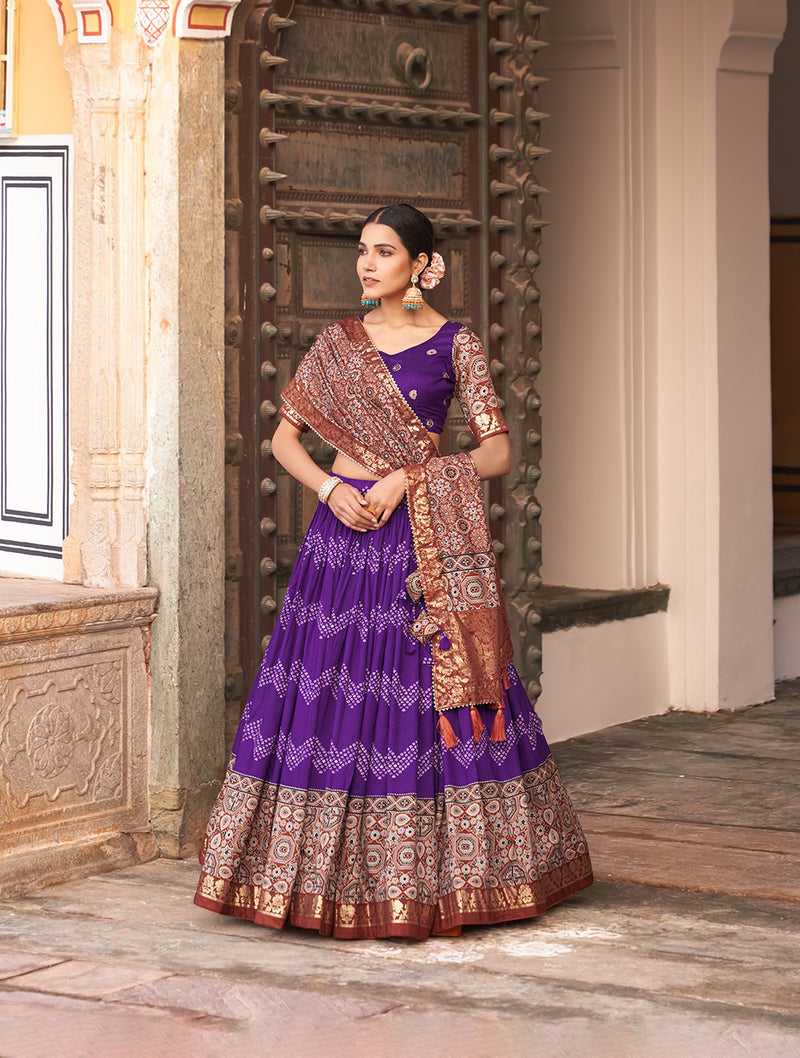 Purple Color Tussar Silk Ajarakh With Foil Print Wedding Lehenga Set