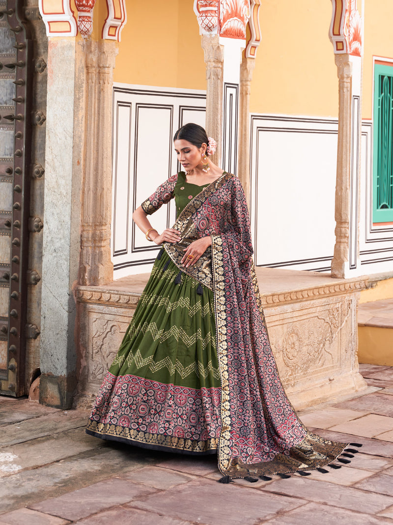 Green Color Tussar Silk Ajarakh With Foil Print Wedding Lehenga Set