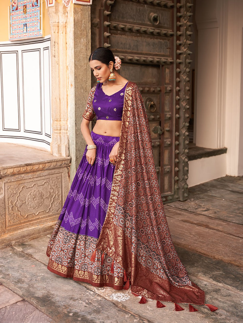 Purple Color Tussar Silk Ajarakh With Foil Print Wedding Lehenga Set