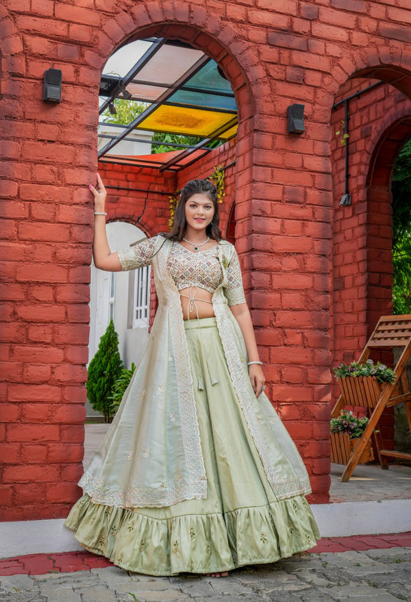 Pista Color Heavy Embroidery With Sequence Work Ready To Wear Lehenga Choli Set