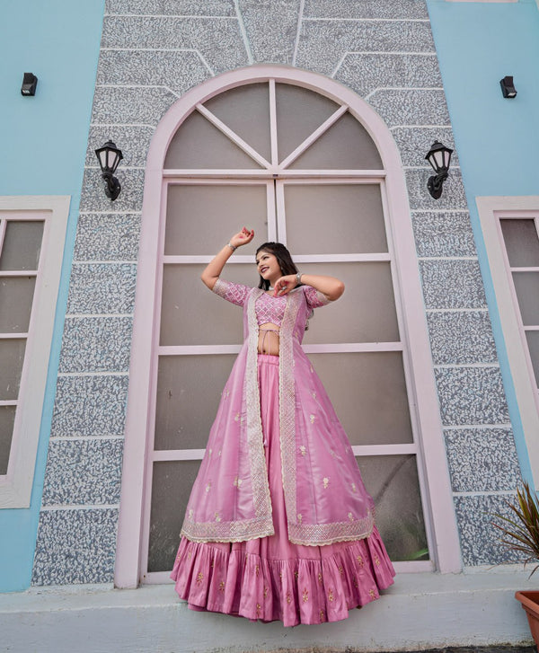 Pink Color Heavy Embroidery With Sequence Work Ready To Wear Lehenga Choli Set