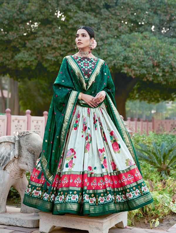 Green Color Tussar Silk With Floral Work Wedding Special Lehenga Choli Set
