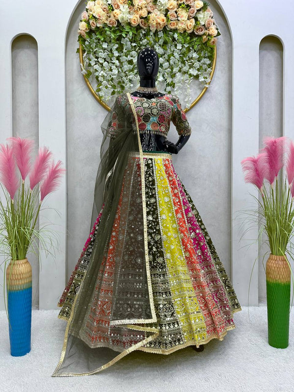 Multi Color Georgette With Zari Sequence Work Wedding Lehenga Choli Set