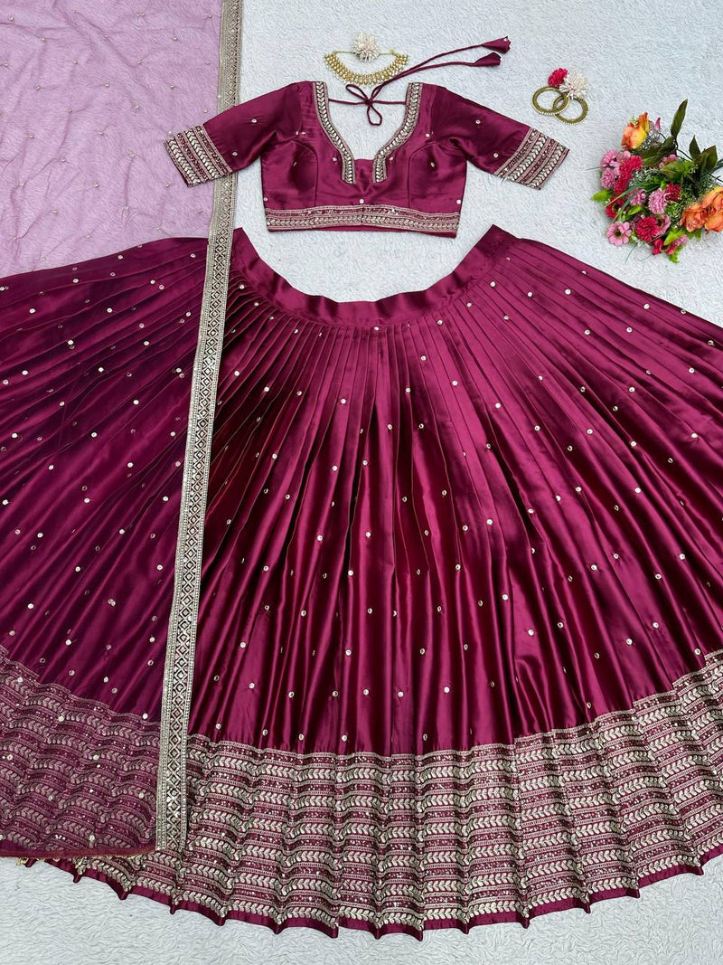 Beet Color Satin Silk Wedding Special Lehenga Choli Set With Thread And Sequence Work