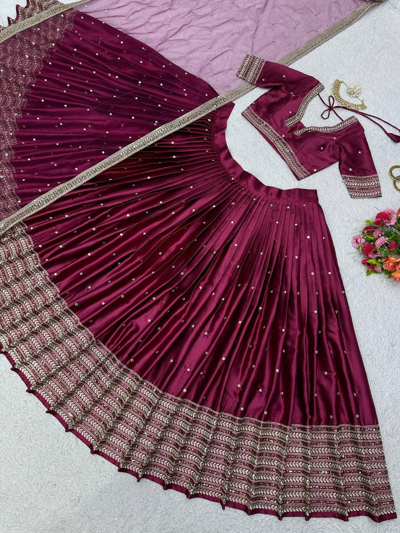 Beet Color Satin Silk Wedding Special Lehenga Choli Set With Thread And Sequence Work