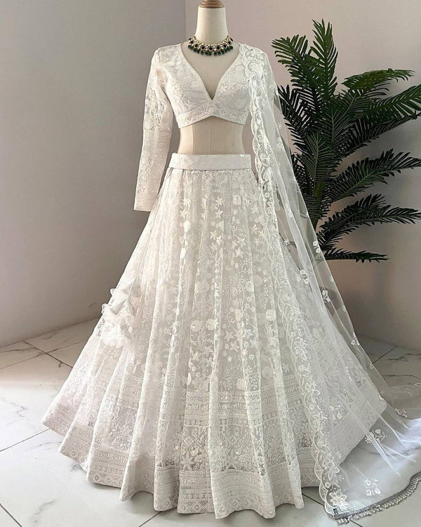 White Color Wedding Special Lehenga Choli Set With Thread And Sequence Work