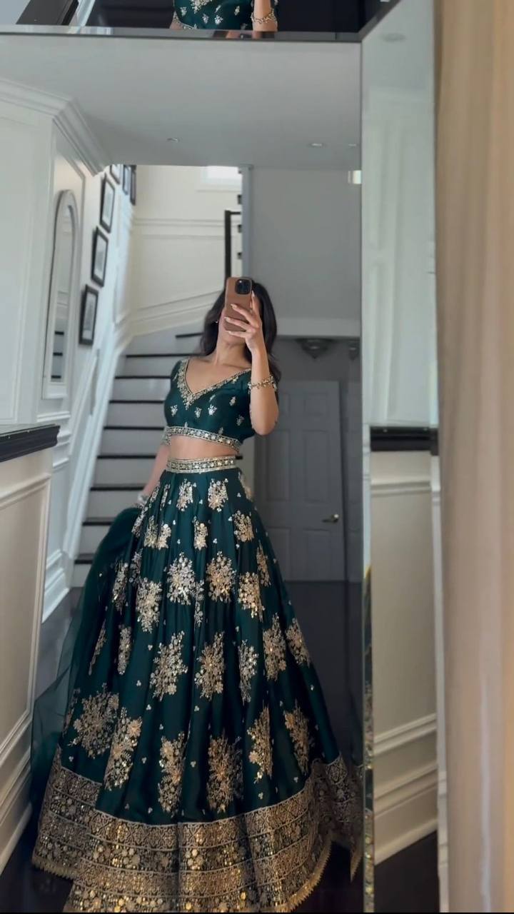 Emerald Green Color Wedding Wear  Thread Sequins Work Georgette Lehenga Choli