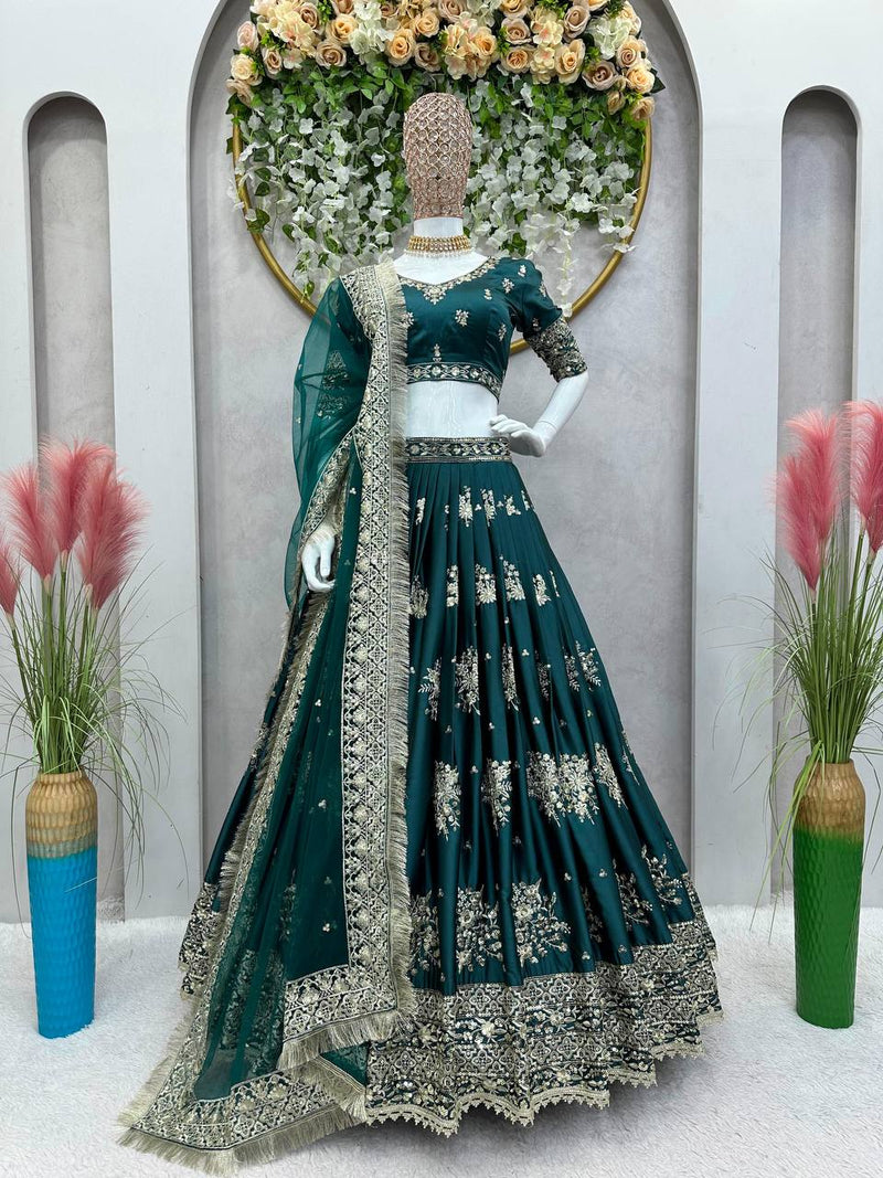 Emerald Green Color Wedding Wear  Thread Sequins Work Georgette Lehenga Choli