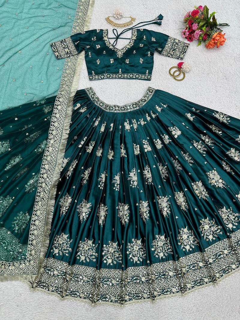 Emerald Green Color Wedding Wear  Thread Sequins Work Georgette Lehenga Choli