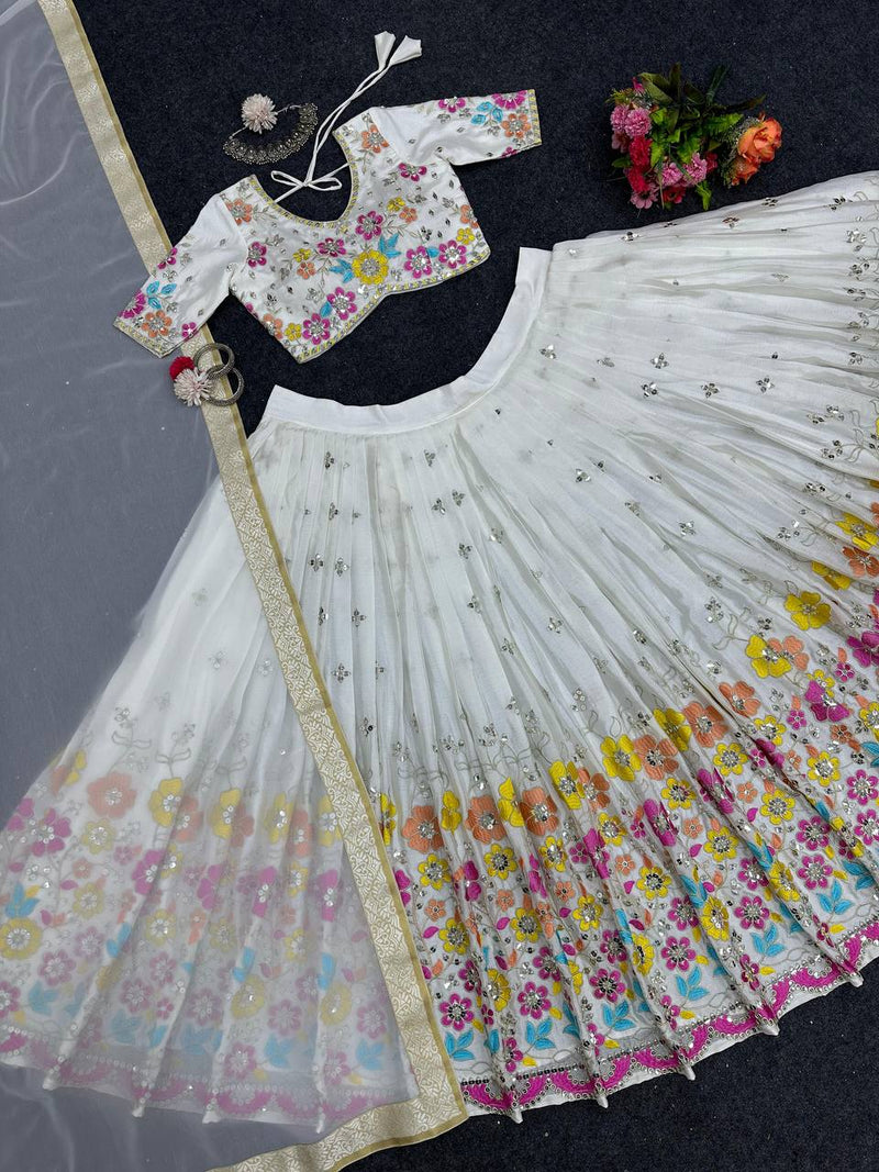 White Color Chinon Wedding Special Lehenga Choli Set With Thread And Sequence Work