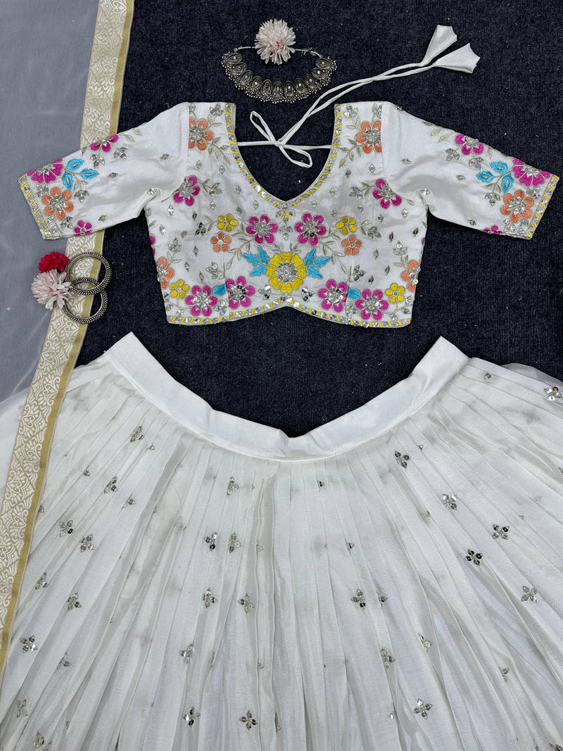 White Color Chinon Wedding Special Lehenga Choli Set With Thread And Sequence Work