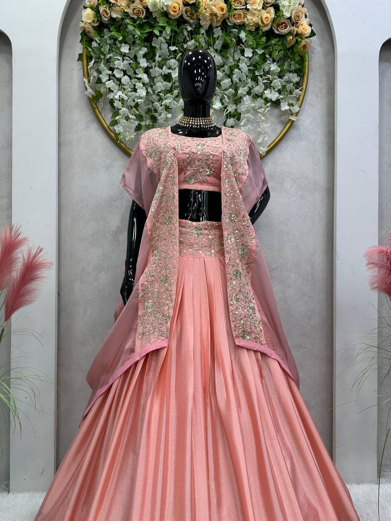 Peach Color Chinon Wedding Special Lehenga Choli Set With Shrug Thread And Sequence Work