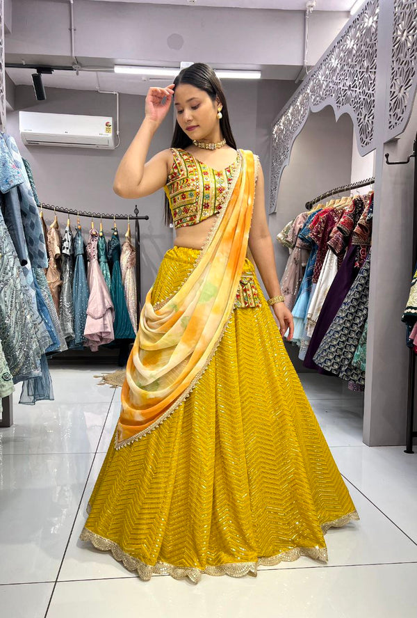 Yellow Color Western Lehenga Choli Set With Embroidery And Sequence With Thread Work