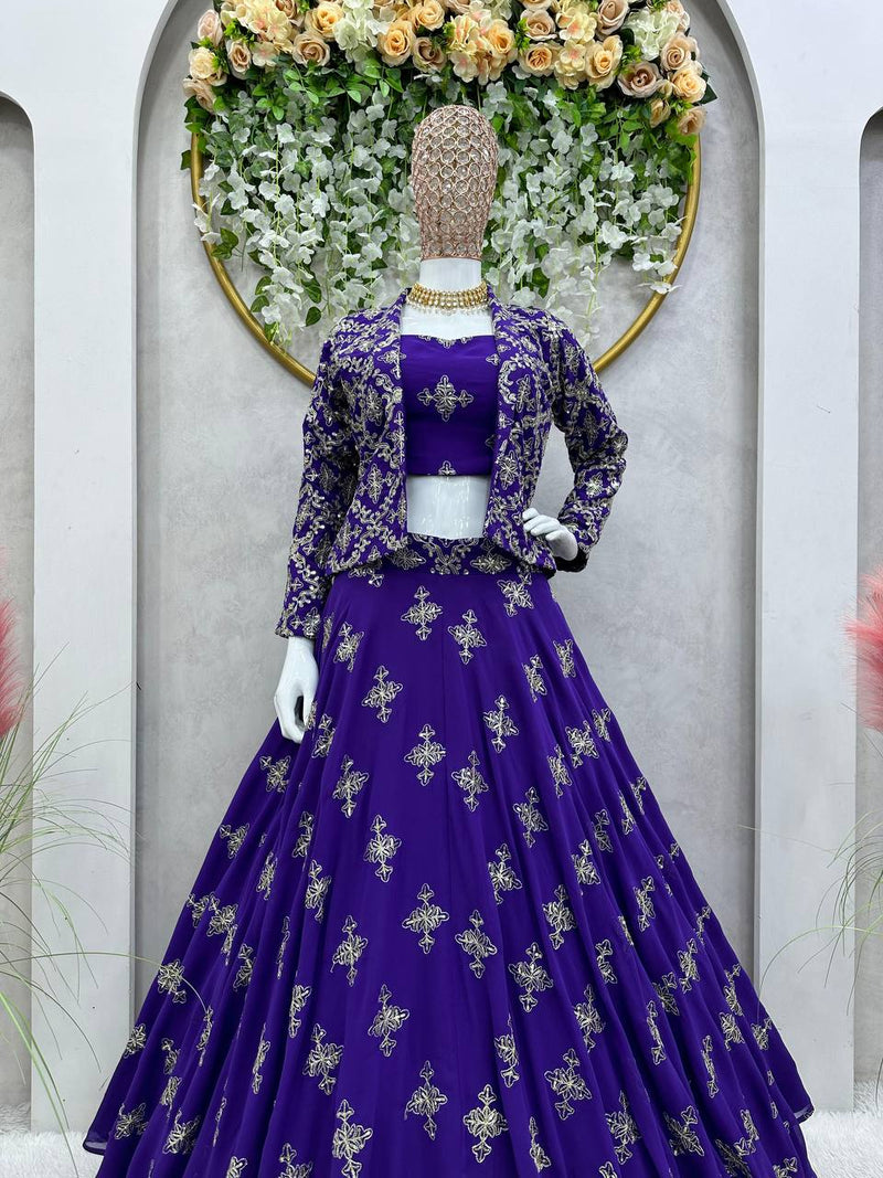 Purple Color Foux Georgette Wedding Special Lehenga Choli Set With Thread And Sequence Work