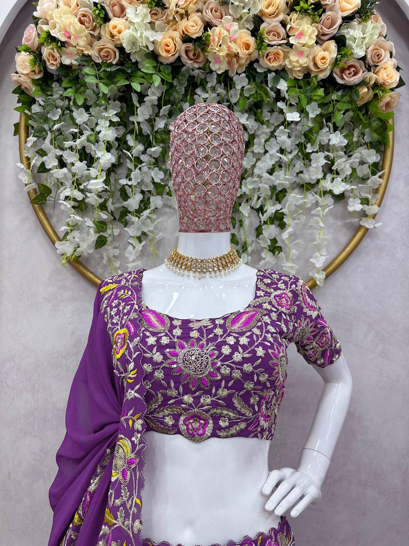 Purple Color Georgette  Wedding Special Lehenga Choli Set With  Sequence With Thread Work