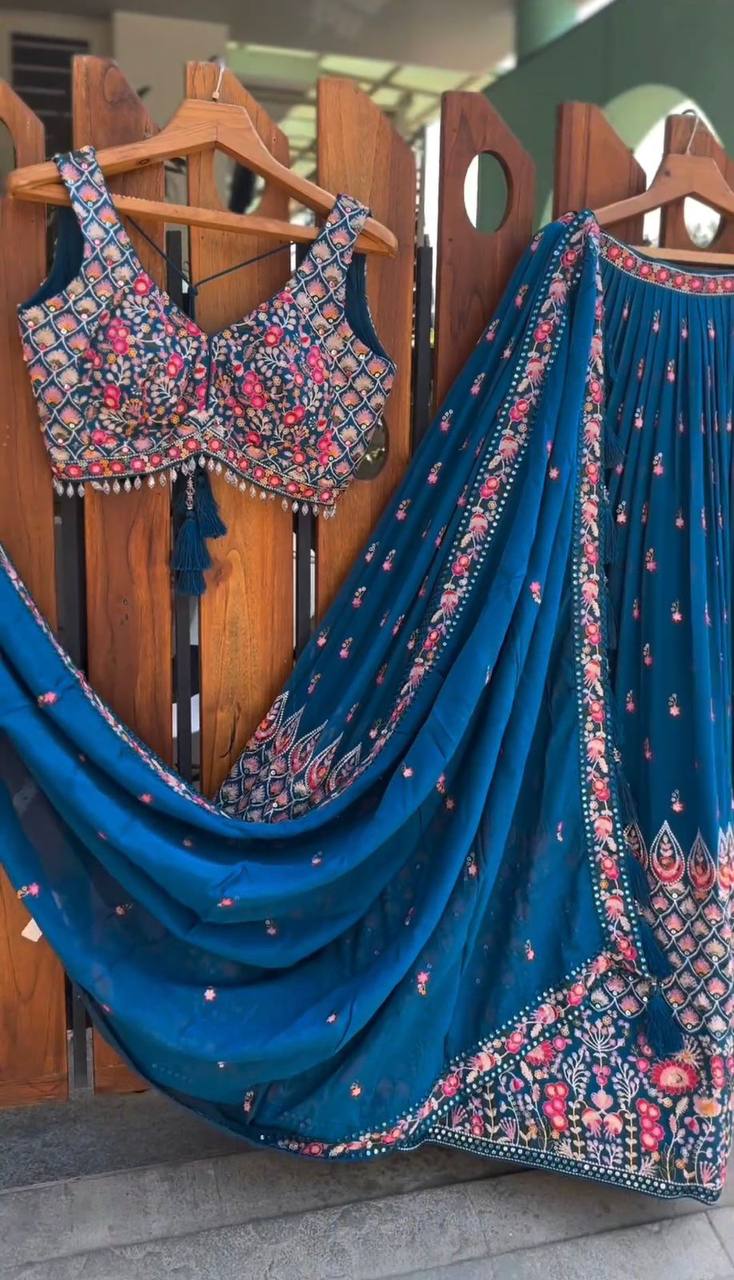 Blue Color Georgette  Wedding Special Lehenga Choli Set With  Sequence With Thread Work
