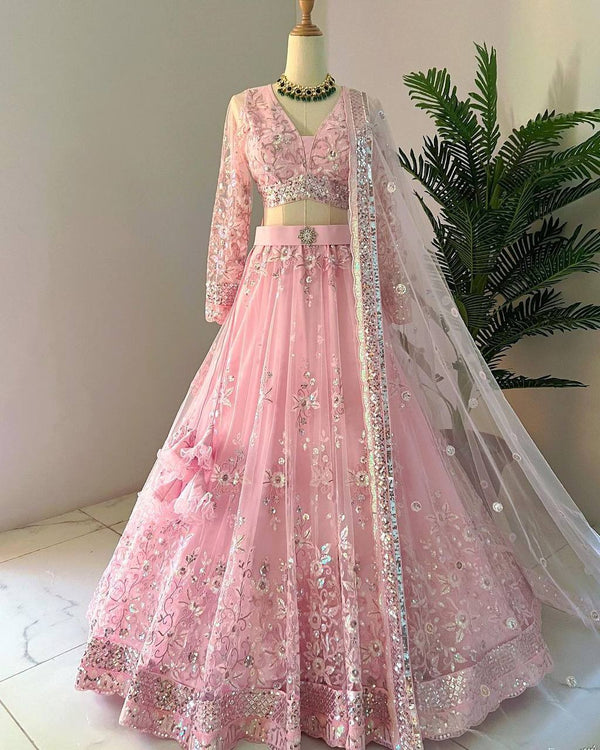 Baby Pink Color Wedding Special Lehenga Choli Set With Thread And Sequence Work
