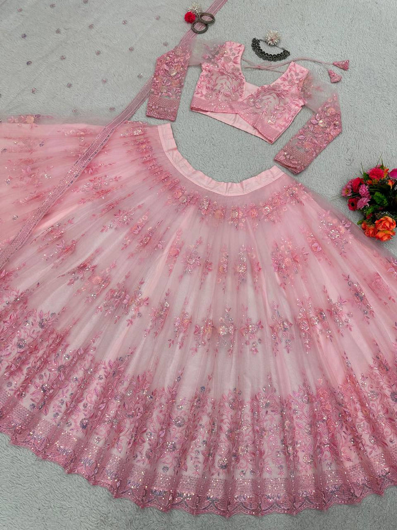 Baby Pink Color Wedding Special Lehenga Choli Set With Thread And Sequence Work
