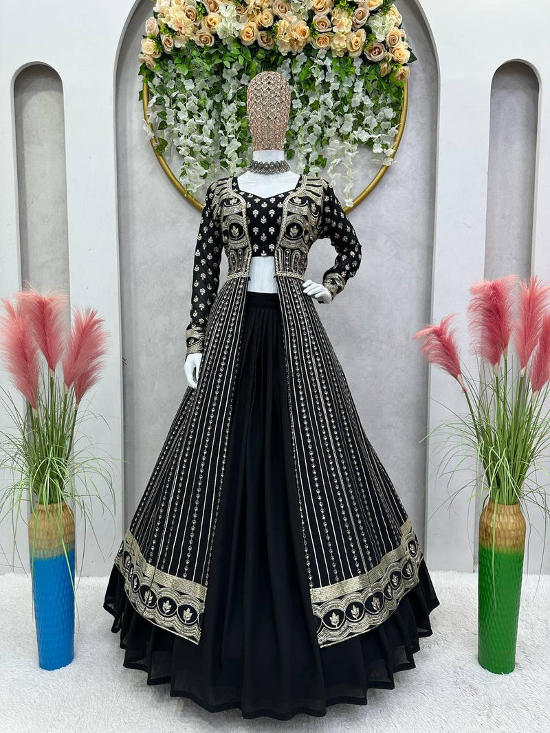 Black Color Foux Georgette Wedding Special Lehenga Choli Set With Shrug Thread And Sequence Work