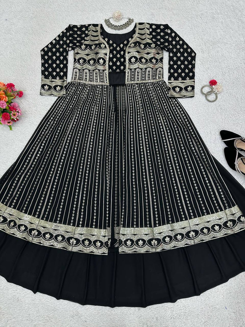 Black Color Foux Georgette Wedding Special Lehenga Choli Set With Shrug Thread And Sequence Work