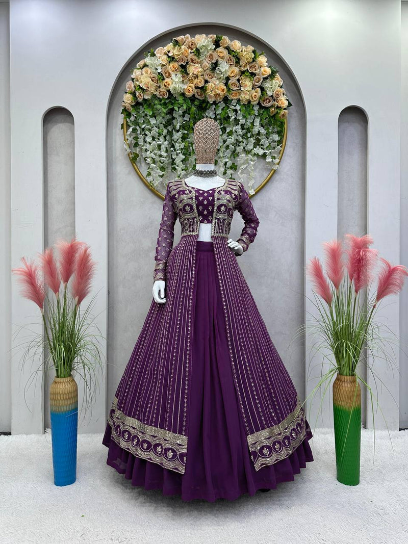 Purple  Color Foux Georgette Wedding Special Lehenga Choli Set With Shrug Thread And Sequence Work