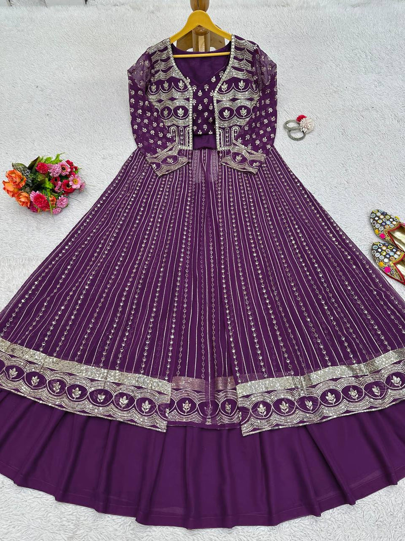 Purple  Color Foux Georgette Wedding Special Lehenga Choli Set With Shrug Thread And Sequence Work