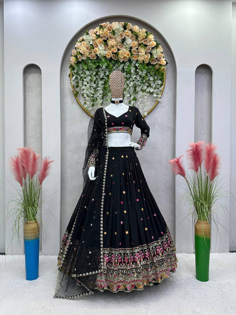 Black Color Foux Georgette  Thread With Sequence  Work Lehenga Choli