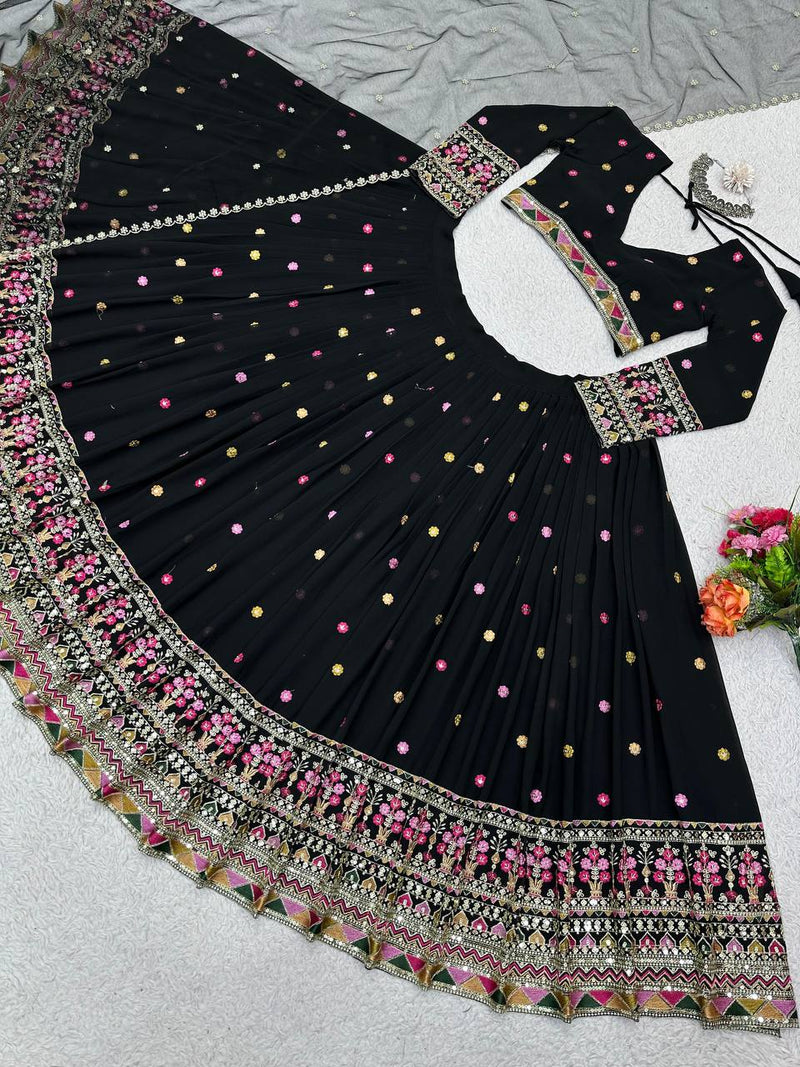 Black Color Foux Georgette  Thread With Sequence  Work Lehenga Choli