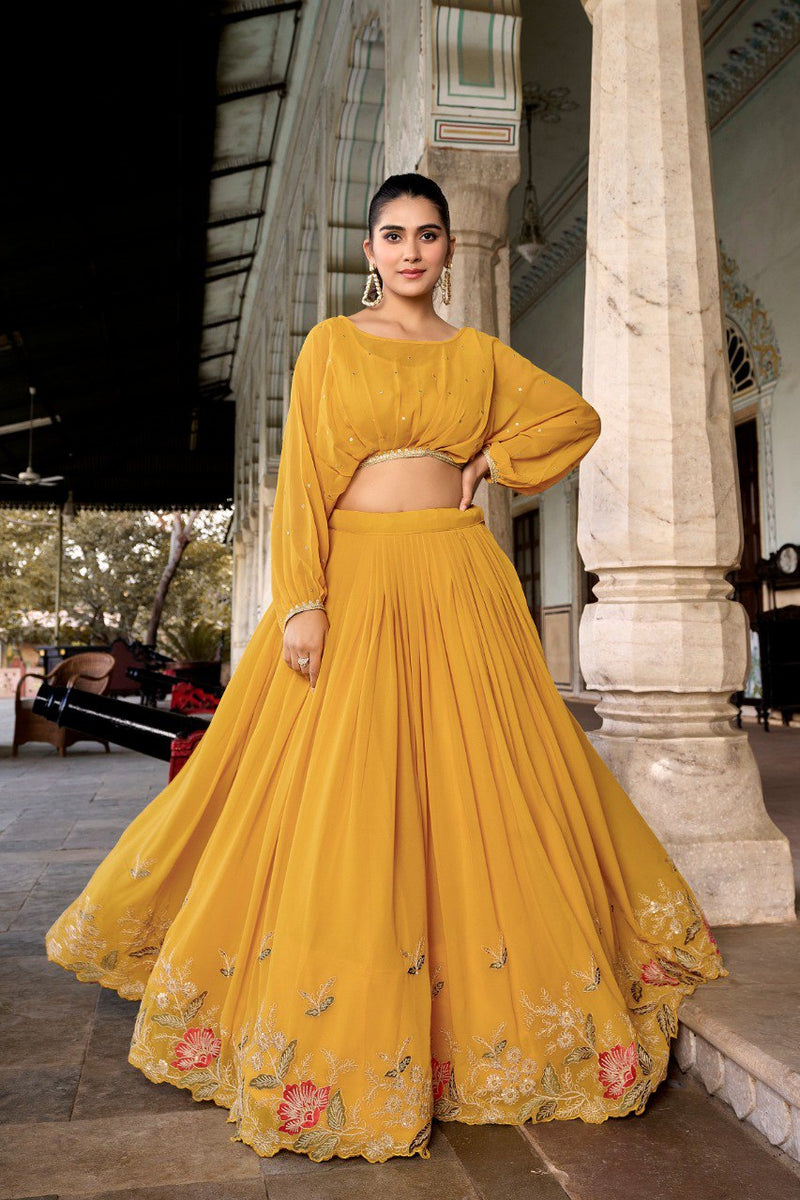 Mustard Color Georgette Wedding Special Lehenga Choli Set With Thread And Sequence Embroidery Work