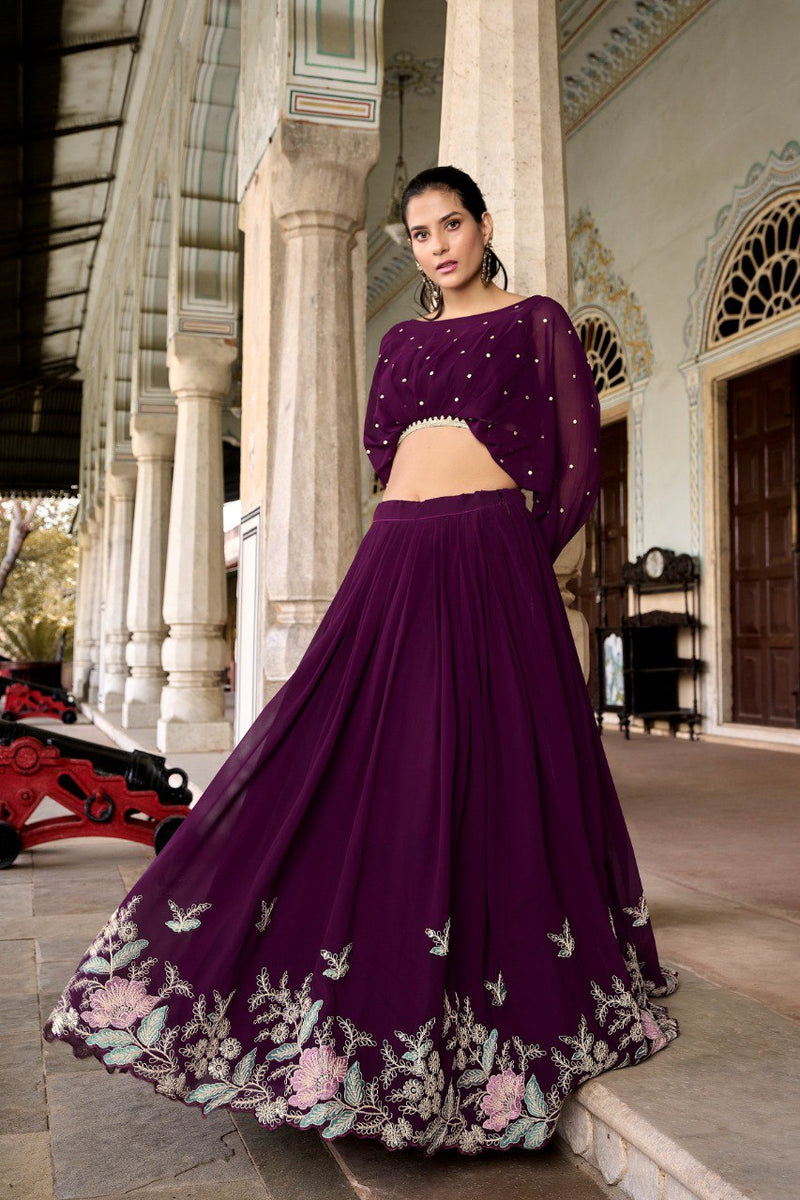 Wine  Color Georgette Wedding Special Lehenga Choli Set With Thread And Sequence Embroidery Work