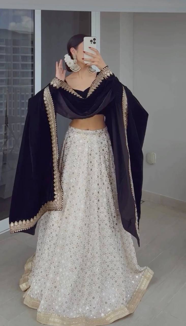 White Color Georgette Wedding Special Lehenga Choli Set With Thread With 9MM Sequence Work