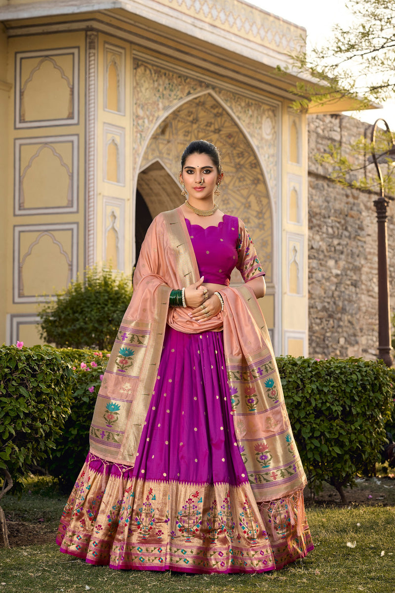 Purple Color Zari Weaving Work Paithani Special Jacquard Silk Lehenga Choli Set