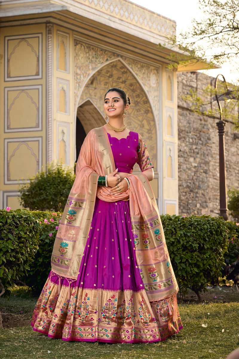 Purple Color Zari Weaving Work Paithani Special Jacquard Silk Lehenga Choli Set