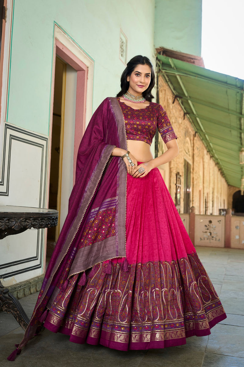 Pink Color Tussar Silk Kalamkari Printed Wedding Special Lehenga Choli Set