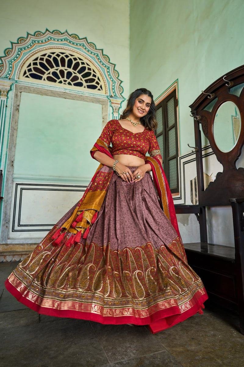 Violet  Color Tussar Silk Kalamkari Printed Wedding Special Lehenga Choli Set