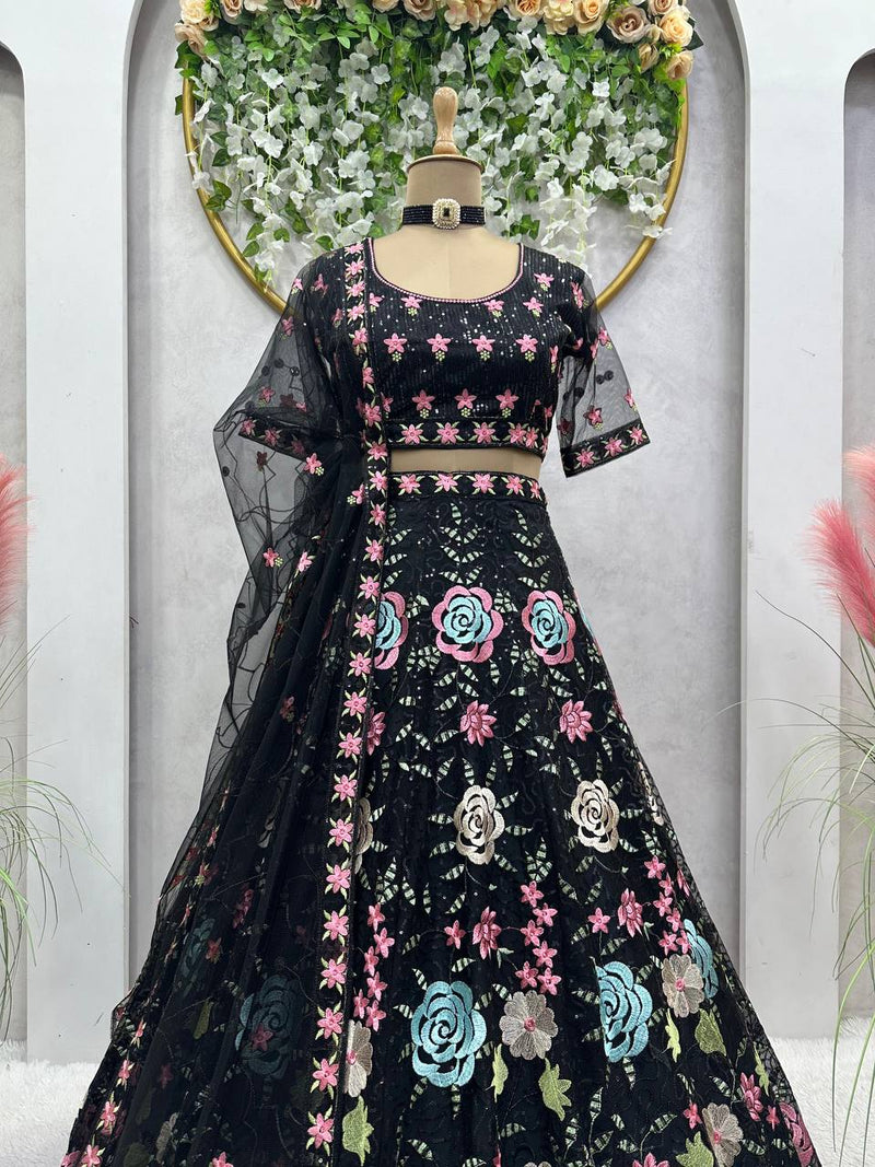 Black  Color Soft Net Wedding Special Lehenga Choli Set With Thread With Sequence Work