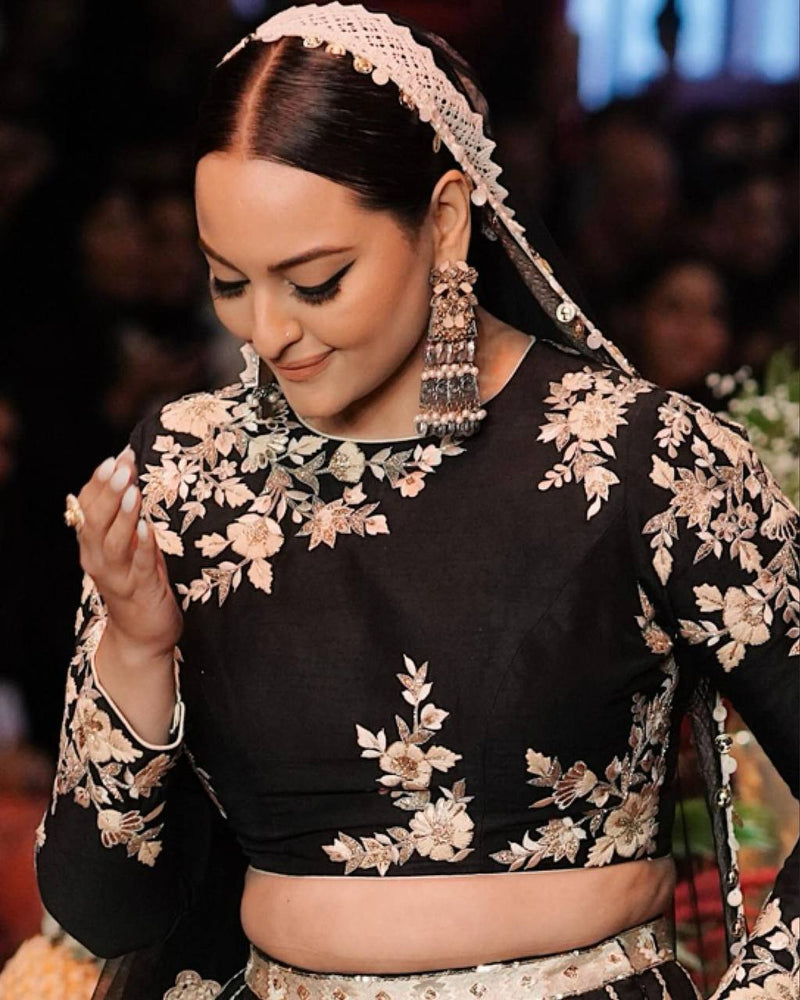 Sonakshi Sinha Styled Black Color Heavy Thread Work Wedding Special Lehenga Set