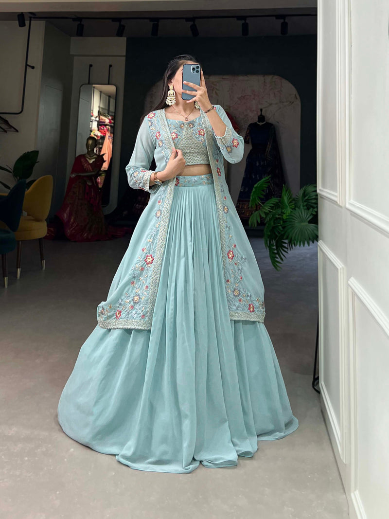 Western Special Sea Blue Color Thread And Sequence Work Lehenga & Shrug Set