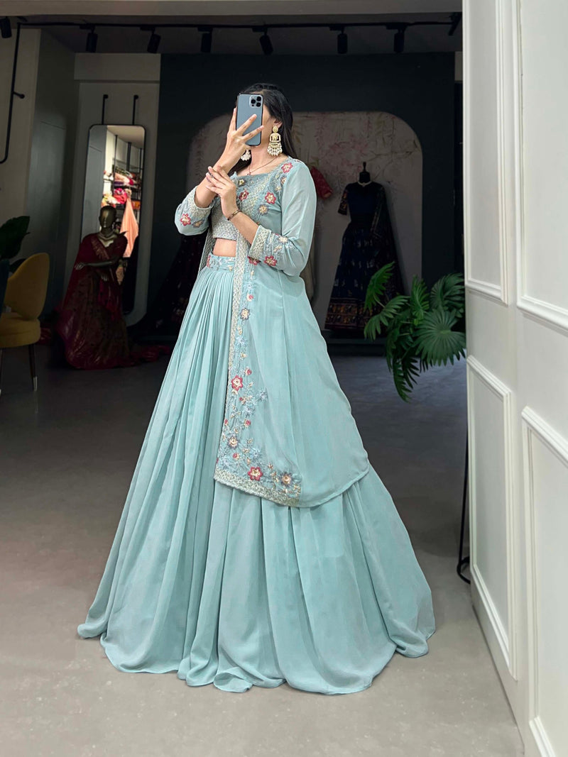 Western Special Sea Blue Color Thread And Sequence Work Lehenga & Shrug Set