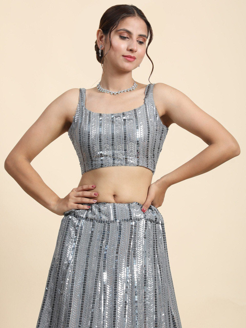 Gray Color Heavy Sequins Georgette Bollywood Designer Lehenga Choli