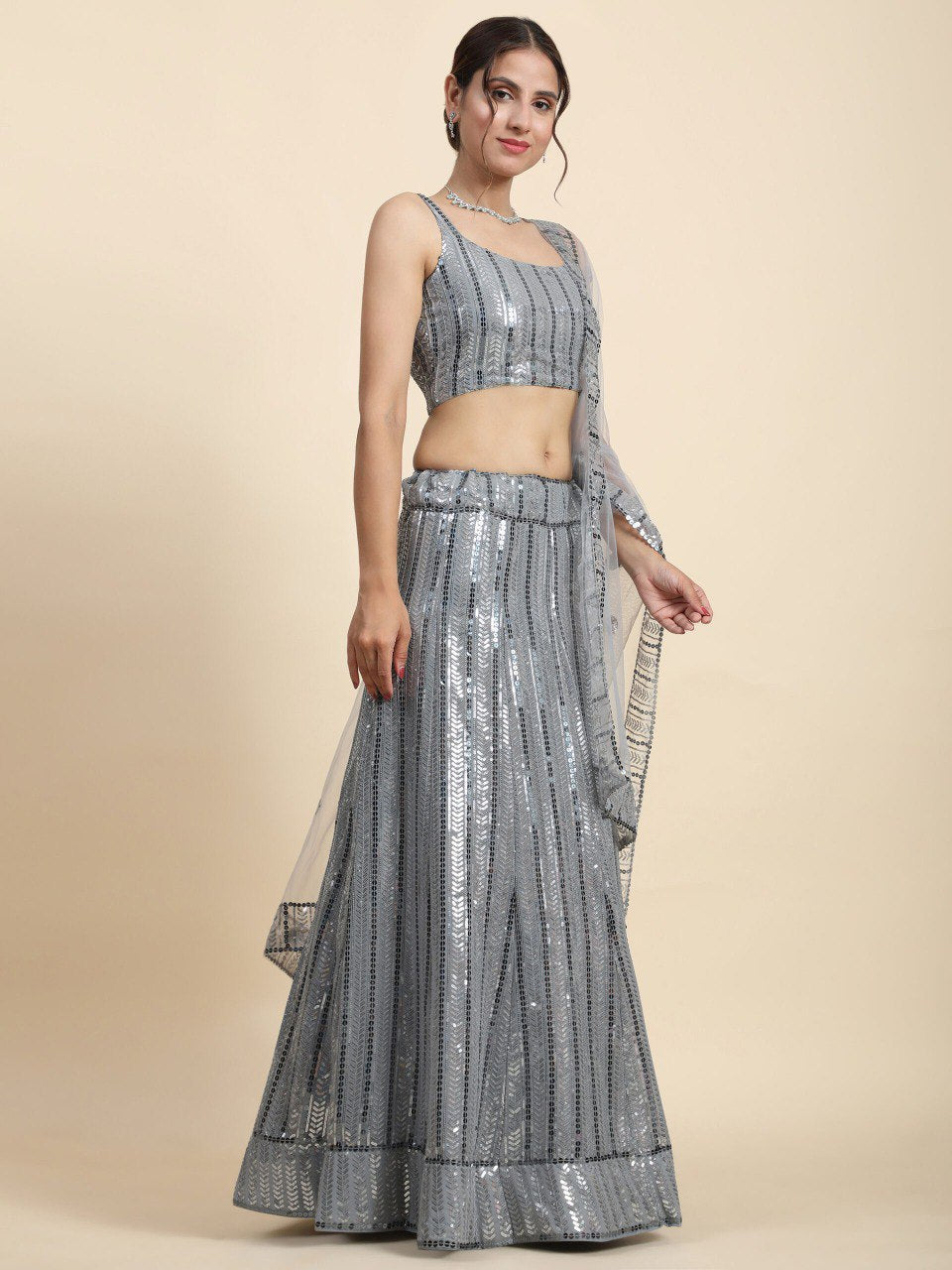 Gray Color Heavy Sequins Georgette Bollywood Designer Lehenga Choli