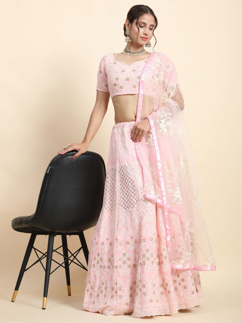 Baby Pink Color Wedding Wear Zari Sequins Embroidery Work  Georgette Lehenga Choli