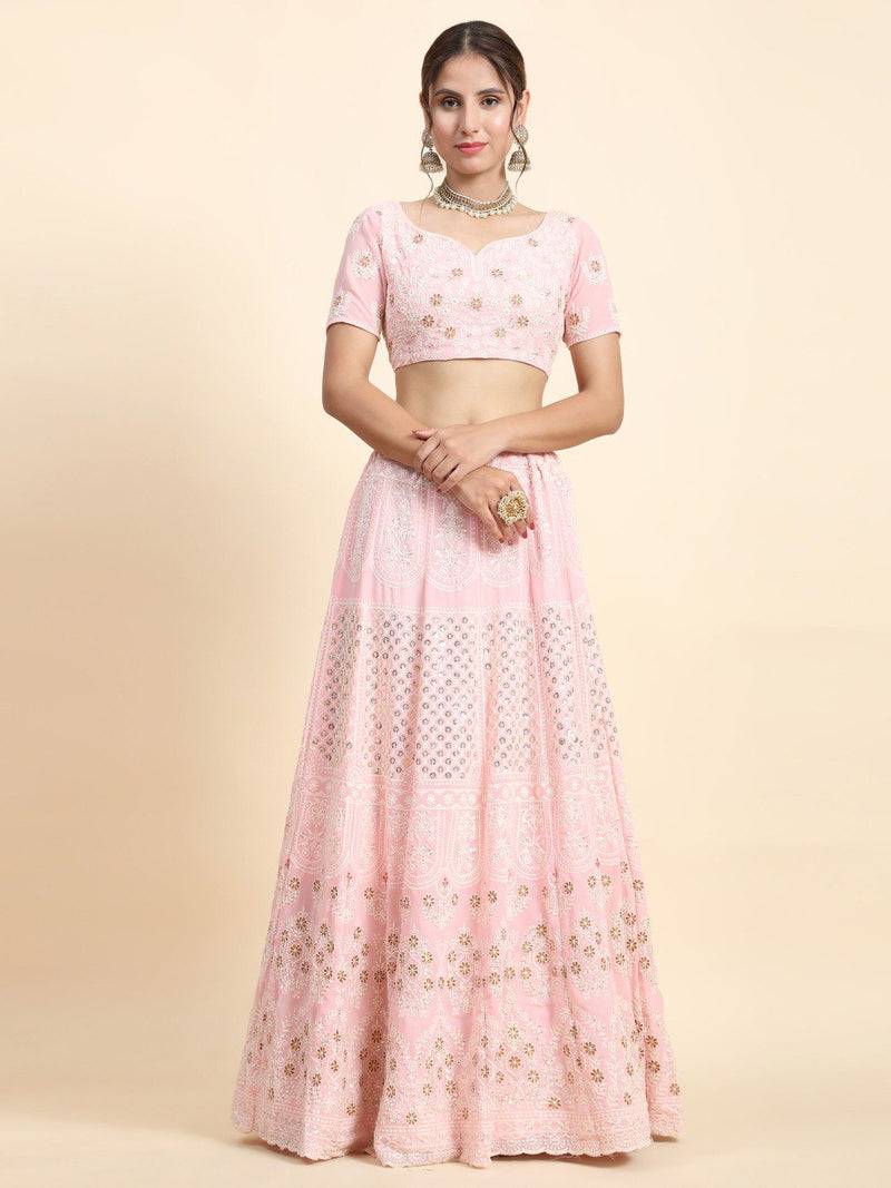 Baby Pink Color Wedding Wear Zari Sequins Embroidery Work  Georgette Lehenga Choli