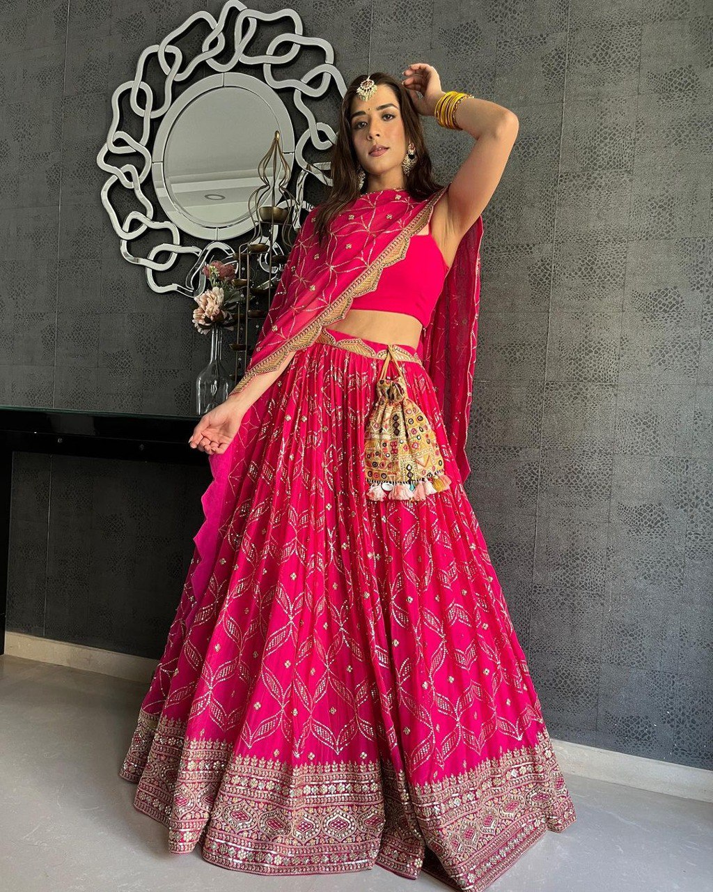 Pink Color Heavy Sequins Embroidery Work Designer Lehenga