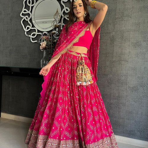 Pink Color Heavy Sequins Embroidery Work Designer Lehenga