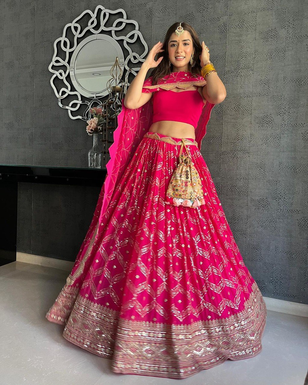Pink Color Heavy Sequins Embroidery Work Designer Lehenga