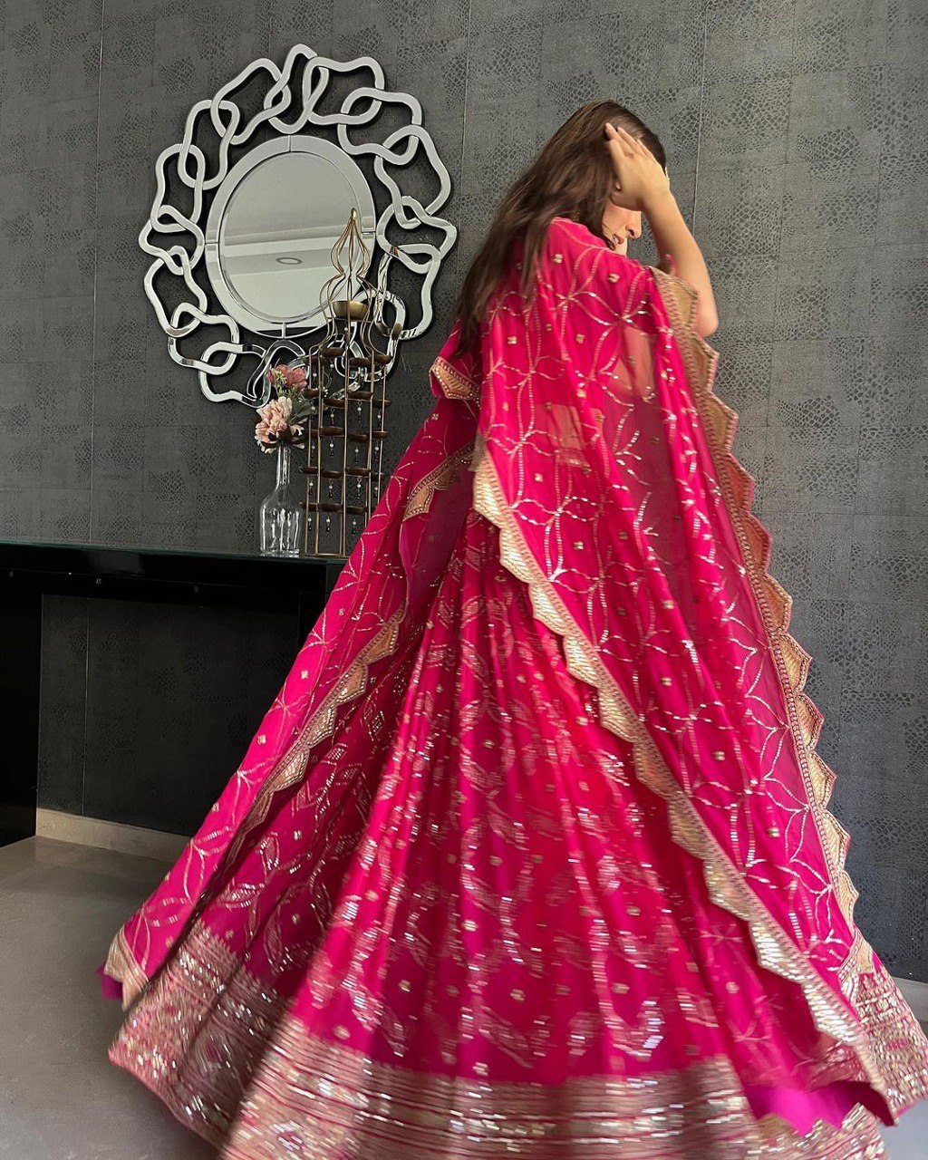 Pink Color Heavy Sequins Embroidery Work Designer Lehenga