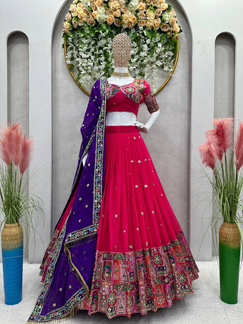 Foux  Georgette Rani Pink Color Wedding Special Lehenga Choli Set Thread With Sequence Work